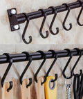 Gourmet Kitchen Utensil Rack with 6 Hooks, Wall Mounted Rail Wrought Iron Hanging Utensil Holder with Removable S Hooks 16 Inch (Black-6 Hooks)