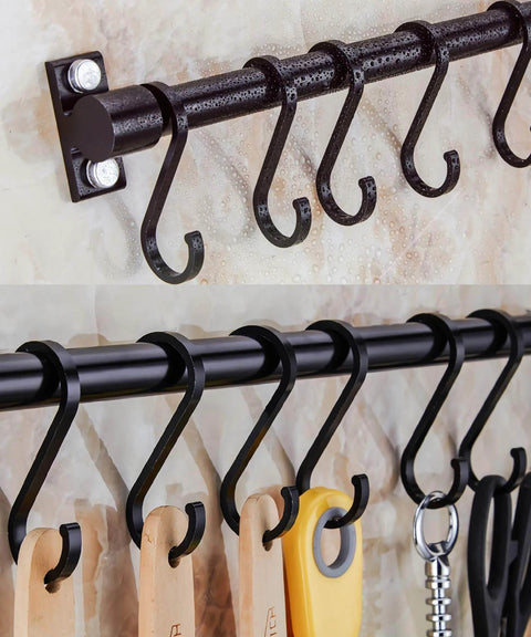 Gourmet Kitchen Utensil Rack with 6 Hooks, Wall Mounted Rail Wrought Iron Hanging Utensil Holder with Removable S Hooks 16 Inch (Black-6 Hooks)
