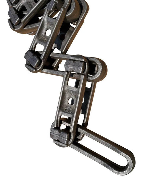 Close-up of X-458 Conveyor Chain 10 Foot Section by Jervis Webb with drop forged rivetless design, smooth pin bearing surface, 4 inch pitch.