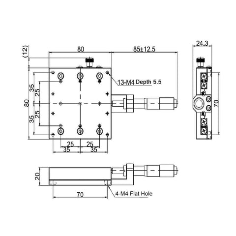 Technical diagram of the X Axis Manual Precision Linear Stage 80x80mm Micrometer Fine-Tuning Cross Roller Linear Stages Translation.