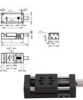 X-Axis Mini Linear Rail Stage Actuator High Precision Adjustable 10mm Stroke Aluminum Alloy Sliding Table with Manual Fine Tune for DIY CNC Router 20 x 20 mm Part, showing design schematics and dimensions.