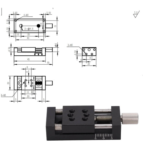 X-Axis Mini Linear Rail Stage Actuator High Precision Adjustable 10mm Stroke Aluminum Alloy Sliding Table with Manual Fine Tune for DIY CNC Router 20 x 20 mm Part, showing design schematics and dimensions.