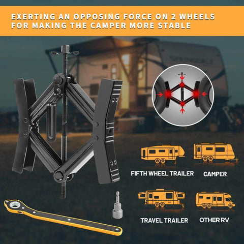 Heavy Duty Camper Wheel Chock Stabilizer Set For RVs And Travel Trailers, Double Speed Scissor Locking X Chock, Anti Rust Coating.
