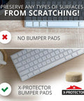 Comparison of keyboard with and without X-Protector bumper pads on wood surface, highlighting protection against scratches.