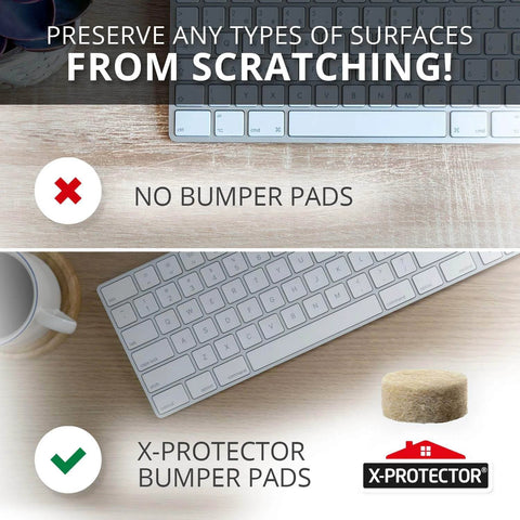 Comparison of keyboard with and without X-Protector bumper pads on wood surface, highlighting protection against scratches.