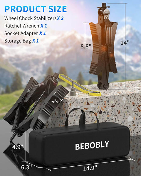 Heavy Duty X Shaped Camper RV Wheel Chock Stabilizer Two Pack With Wrench From BEBOBLY For Travel Trailers Fits 3.5 To 12 Inch Wheel Gaps Anti Move Tire Chocks Keeps Your Rig Solid During Stops And Parking shown with storage bag and tools