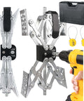 X Shaped RV Stabilizer Wheel Chock For Dual Axle Travel Trailers And Campers With Drill Adjust, shown with drill and case