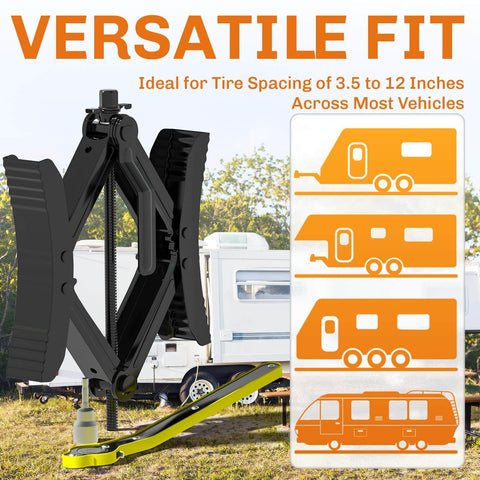 Sturdy Camper Wheel Chock Stabilizers For RV And Travel Trailer X Shaped Anti Move Chocks Heavy Duty 2 Pack Fits 3.5 To 12 Inch Wheel Gaps Safe Parking And Steady Campsites By WELLUCK shown against RVs