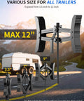Heavy Duty X Shaped Camper RV Wheel Chock Stabilizer Two Pack With Wrench From BEBOBLY shown with multiple size options next to an RV trailer.