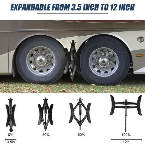 Beefy Heavy Duty Camper Wheel Chocks With Wrench For RV Travel Trailers, Premium X Shaped Tire Locking Chocks, 2 Pack installed on RV