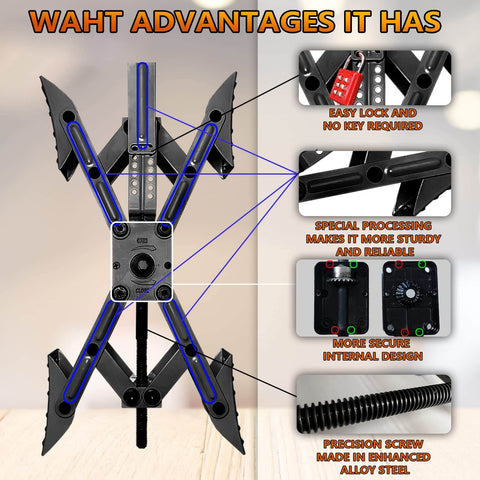 X Shaped Wheel Stabilizer Chocks For Campers And Travel Trailers, Adjustable RV Wheel Chocks With Drill Access, 2 Piece Scissor Style Set, Includes Hex Socket Compatibility, Lockable Password Locks For Extra Security, Black, displayed with features highlighted.