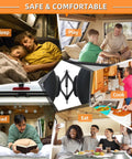 Lifestyle collage with Durable X Shaped RV Tire Stabilizer For Dual Axle Travel Trailers And Campers OULEME Anti Move Wheel Wedge.