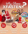 Promotional image featuring various XFasten tapes including Double Sided Woodworking Tape, along with scissors and craft knife.
