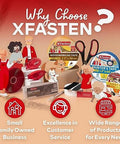 Promotional image featuring various XFasten tape products with illustrated characters and text highlighting family business values.