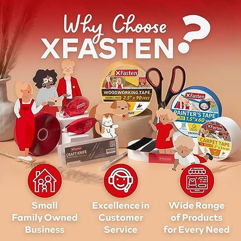 Promotional image featuring various XFasten tape products with illustrated characters and text highlighting family business values.