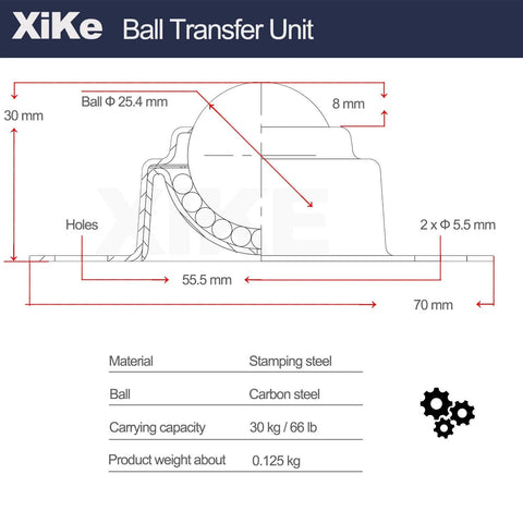 Diagram of 8 Pack 1 Inch Ball Transfer Bearings For Smooth 360 Degree Rotation And Heavy Duty Handling On Roller Stands, XiKe branded.