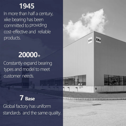 Xike bearing factory exterior with company commitment and global reach information in text overlay.