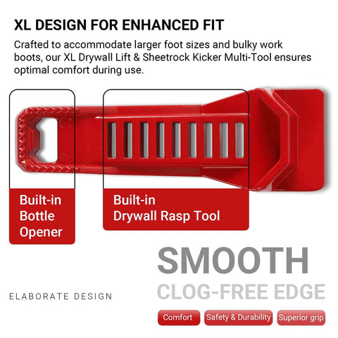 Graphical display of XL Drywall Lift & Sheetrock Kicker Multi-Tool Set highlighting built-in drywall rasp tool and bottle opener features