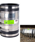 XL Shielded Flexible Pipe Coupling For Below Ground Install Extra Long 7.85 Inch Body Fits Outside Diameter 4.10 To 4.65 Inches Compatible With Cast Iron PVC Lead Steel DWV Sewer Drain; side view and installed in ground.