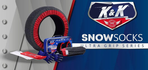 Pro Series Tire Snow Socks For Cars, SUVs And Vans Quick Install Snow Traction Device With Packaging and Accessories Displayed