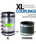 XL Shielded Flexible Pipe Coupling For Below Ground Install Extra Long 7.85 Inch Body Fits Outside Diameter 4.10 To 4.65 Inches Compatible With Cast Iron PVC Lead Steel DWV Sewer Drain side by side with standard coupling