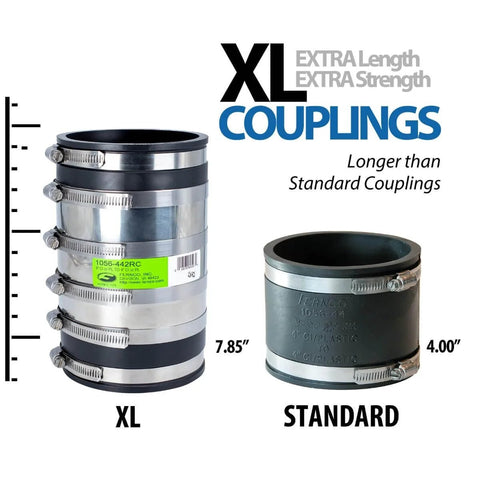XL Shielded Flexible Pipe Coupling For Below Ground Install Extra Long 7.85 Inch Body Fits Outside Diameter 4.10 To 4.65 Inches Compatible With Cast Iron PVC Lead Steel DWV Sewer Drain side by side with standard coupling