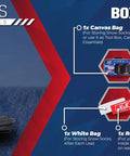 Pro Series Tire Snow Socks For Cars, SUVs And Vans Quick Install Snow Traction Device, box contents displayed with accessories