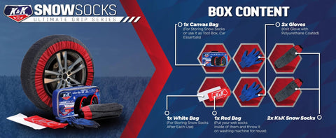 Pro Series Tire Snow Socks For Cars, SUVs And Vans Quick Install Snow Traction Device, box contents displayed with accessories