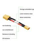 XT30 Male To XT60 Female Plug Connector Adapter Cable Set, 4 Pieces, close-up with 5cm 14AWG silicone wire for LiPo batteries.