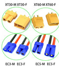XT30 Male To XT60 Female Plug Connector Adapter Cable Set, 4 Pieces, XT60 To XT30 Extension Cable with 5cm 14AWG Silicone Wire for LiPo Batteries, Micro FPV Drones, ESCs and Chargers, shown with different connectors and wires.