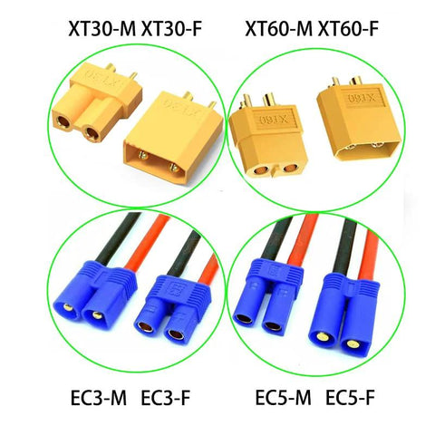 XT30 Male To XT60 Female Plug Connector Adapter Cable Set, 4 Pieces, XT60 To XT30 Extension Cable with 5cm 14AWG Silicone Wire for LiPo Batteries, Micro FPV Drones, ESCs and Chargers, shown with different connectors and wires.