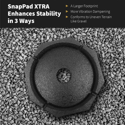 XTRA Singles RV Jack Pads for 9-inch round feet on gravel, enhancing stability in three ways with larger footprint, dampening.