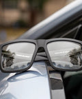 XXL Size Sunglasses for Big Heads Z87 TR90 Ultralight Matte Black UV400 resting on car mirror