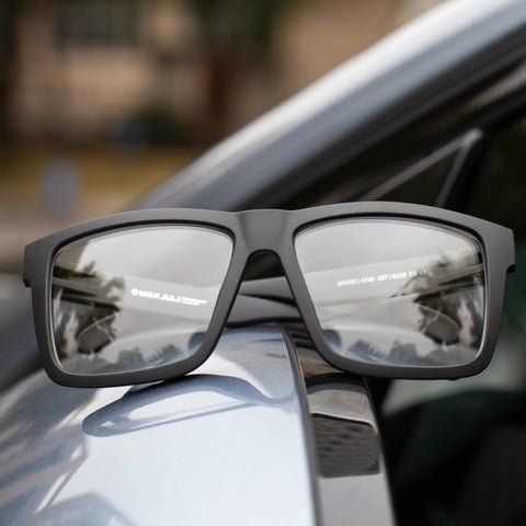 XXL Size Sunglasses for Big Heads Z87 TR90 Ultralight Matte Black UV400 resting on car mirror
