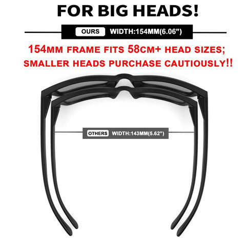 XXL Size Sunglasses for Big Heads Z87 TR90 Ultralight Matte Black UV400 showing 154mm frame width comparison