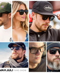 Collage of people wearing XXL Size Sunglasses for Big Heads Z87 TR90 Ultralight Matte Black UV400 in various outdoor settings.