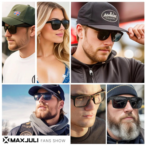 Collage of people wearing XXL Size Sunglasses for Big Heads Z87 TR90 Ultralight Matte Black UV400 in various outdoor settings.