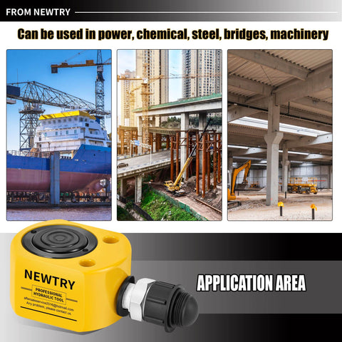 10 Ton Hydraulic Ram Jack With Low Profile Multi Section Cylinder 1 Inch Total Stroke Portable Workhorse For Machinery Bridges And Construction Projects Newtry shown with industrial use examples.