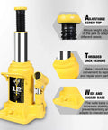 Low Profile 12 Ton Hydraulic Bottle Jack With 24,000 Lbs Capacity, Welded Stubby Jack For Home Garage Pro Shop And Commercial Use, Heavy Duty Lifting Durable Steel Construction From Yellow Jacket, showcased with adjustable screw top, threaded jack designs, and wide base