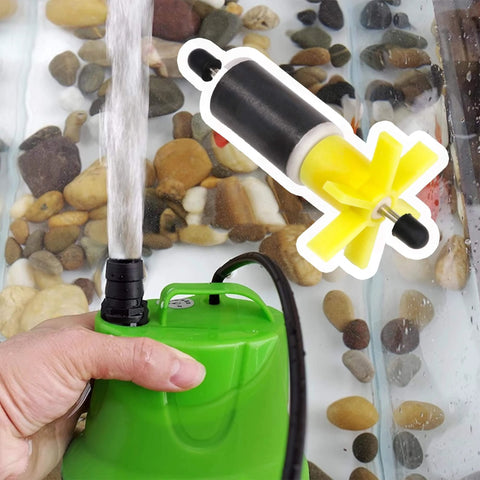 Yellow 16mm Replacement Filter Impeller Rotor Shaft Bearing Pump Rotor in water tank with scattered stones