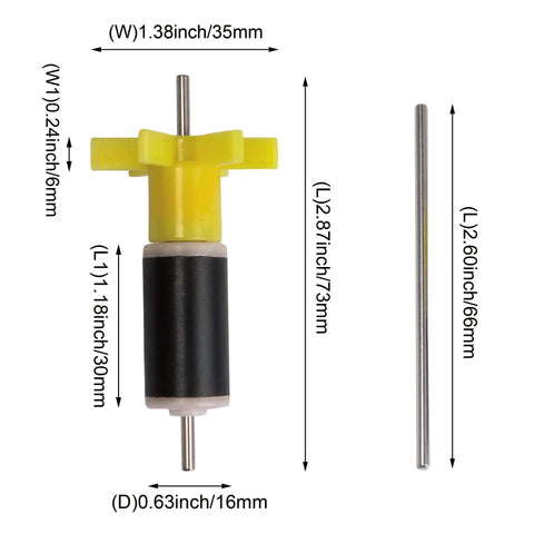 Yellow 16mm Replacement Filter Impeller Rotor Shaft Bearing Pump Rotor with dimensions and pieces displayed separately