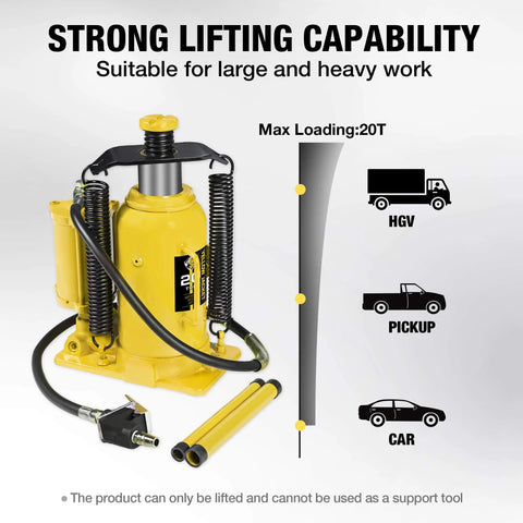Massive 20 Ton Pneumatic Bottle Jack For Trucks And Autos With Air And Manual Pump, Adjustable Lift, Yellow Body, Side View