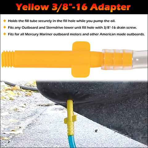 Lower Unit Gear Lube Fill Pump Set with Metric Adapter for Used with 32 oz Quart Bottles, shown with yellow 3/8-16 adapter