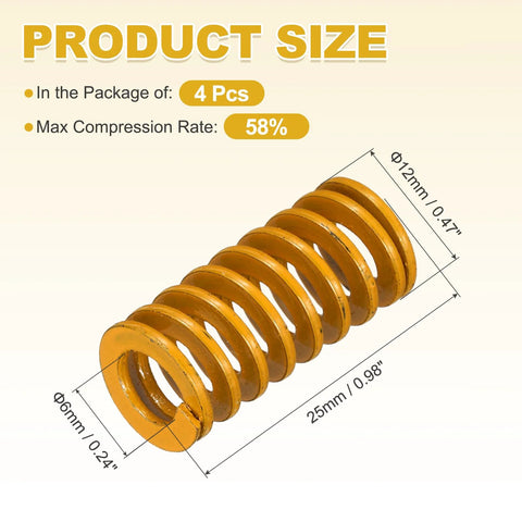 Diagram of 8 Pack 3D Printer Die Springs 12mm OD 25mm Length Light Load Mould Die Spring with yellow finish showing dimensions.