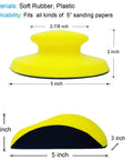 Round and mouse shaped 5 inch hand sanding blocks for hook and loop discs made of soft rubber and plastic, side and top view.