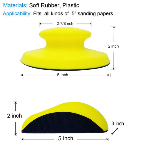 Round and mouse shaped 5 inch hand sanding blocks for hook and loop discs made of soft rubber and plastic, side and top view.