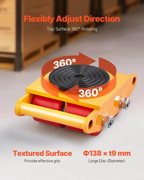 6 Ton Machine Skate Dolly with 360 degree rotating cap, yellow heavy duty mover featuring PU directional rollers.