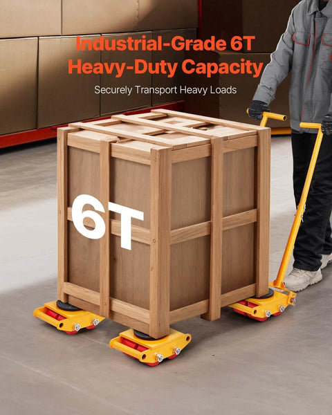 6 Ton Machine Skate Dolly with 360 degree rotating cap moving wooden crate, industrial machinery mover with PU rollers, yellow