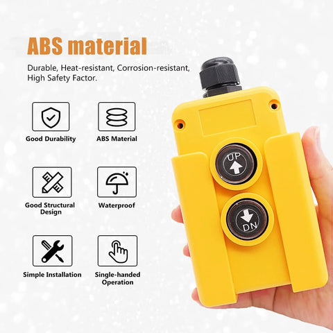 4 Wire Dump Trailer Remote Control Switch 12V DC Up Down Momentary Dual Button Control For Double Acting Hydraulic Pump Power Unit Ideal For Truck Lift Gates Cranes And Wreckers MG018 4W handheld view showing ABS material and button features.