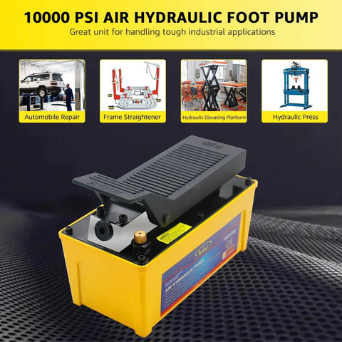 Air Hydraulic Pump, 10,000 PSI 1/2 Gal Reservoir, NPT 3/8" Oil Outlet, 2 x 6.5 ft Pipe, Foot Actuated Hydraulic Pump Air Treadle for Auto Body Frame Machines and Pulling Post, Yellow.